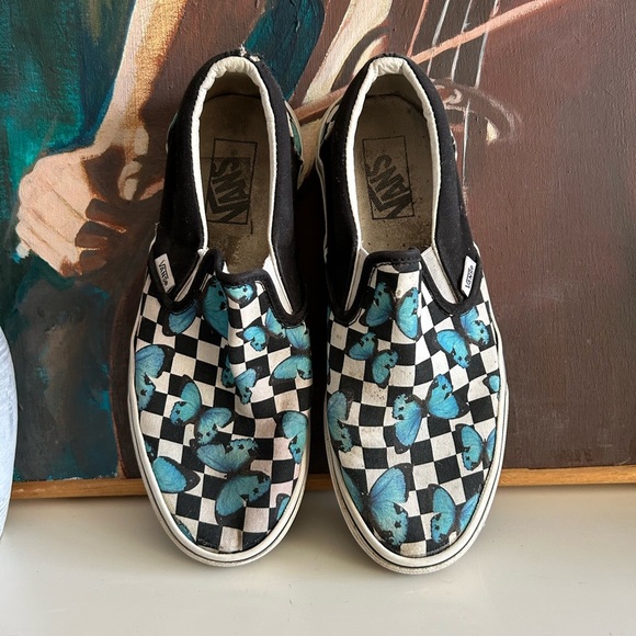 Vans Slip-On Shoes - Black and Blue Butterfly Checkered - Picture 1 of 15